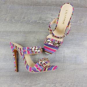 Multicolored Slip On Double Strap Stiletto Mules